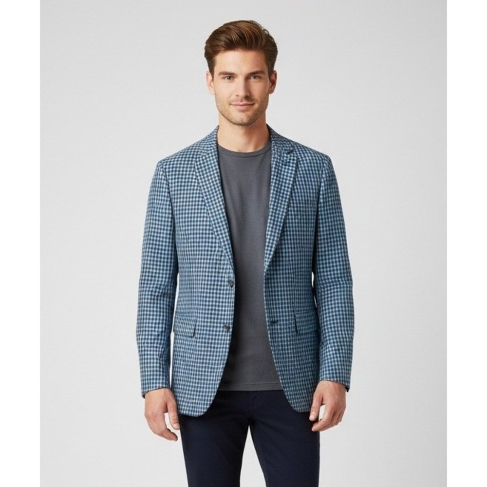 Perry Ellis Portfolio Blazer Sport Coat Men's Linen Blue Gingham Slim Fit Sz 36R